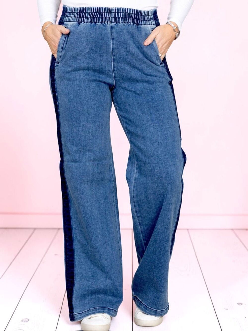RISEN Plus Size High Rise Elastic Waist Wide Leg Jeans Contrast Side Seam 3XL